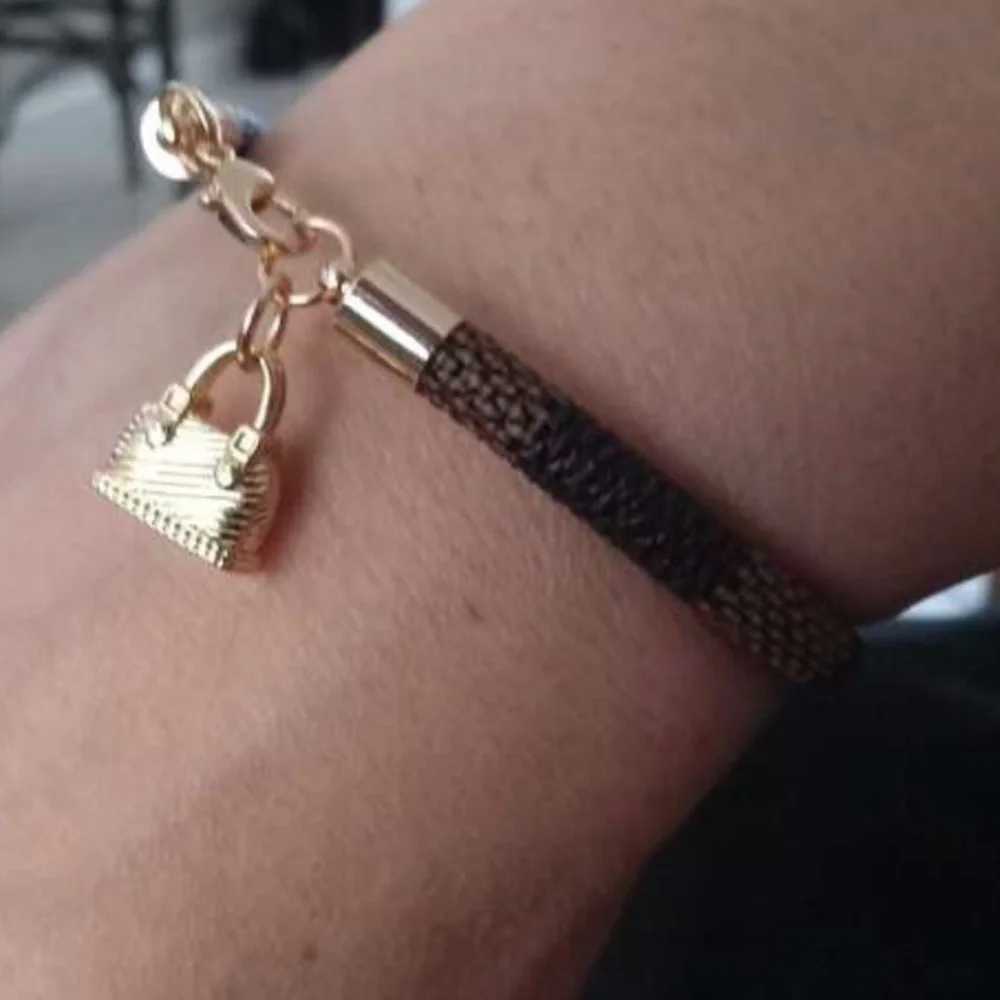 Designer Inspired Brown Checkered Gold Plated Bag Purse Charm Clasp Bracelet - Picture 4 of 10